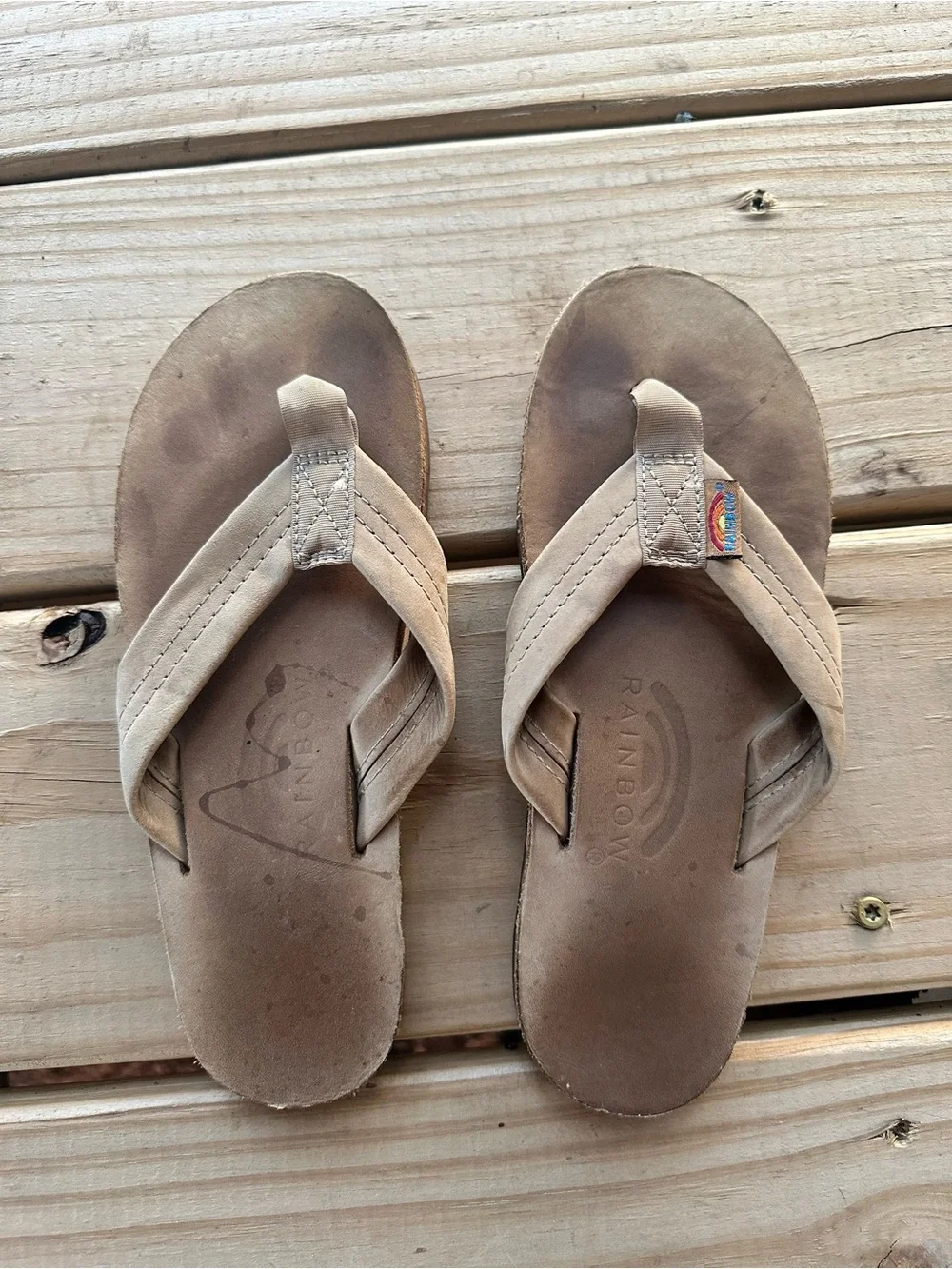 Rainbow Kids Leather Flip Flops in Tan